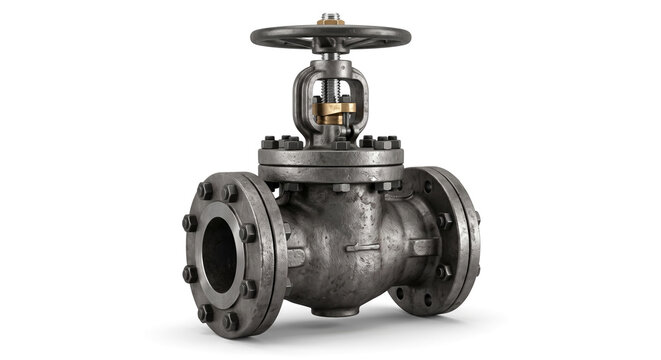 Heavy duty industrial metal globe valve with bolted flange connections.