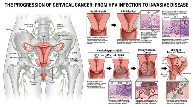 The progression of cervical cancer from HPV infection to invasive disease in human body