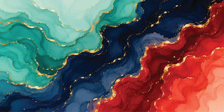 Luxury Abstract Blue Red Fluid Marble Background with Gold Veins and Alcohol Ink