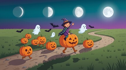 Naklejka premium Panoramic Halloween Character Procession with Child, Pumpkins, Ghosts and Bats Vector Illustration