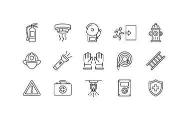 Fototapeta premium Fire safety equipment emergency prevention firefighting gear and rescue service line icon set