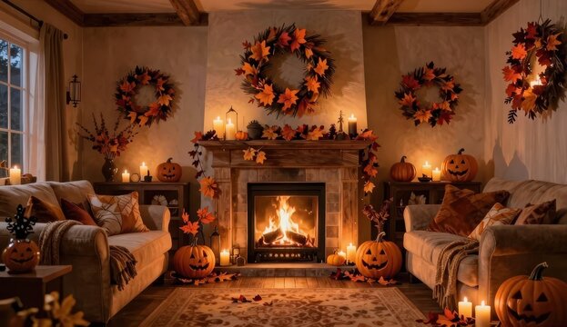Cozy autumnal living room with halloween decorations and warm fireplace