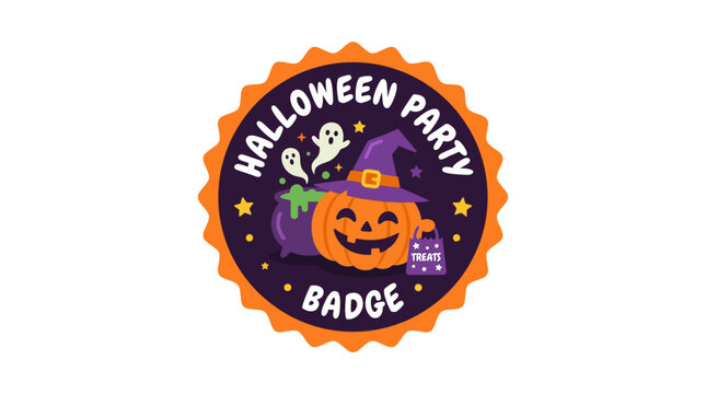 Halloween party badge with jack-o-lantern and witch hat.