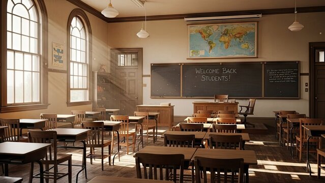 Empty old fashioned classroom with wooden desks and chalkboards.