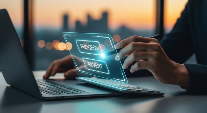 Futuristic hologram interface with process and revert buttons, businessman working on laptop in office, digital technology concept