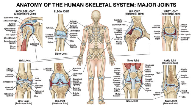 The human skeletal system is shown with major joints labeled clearly