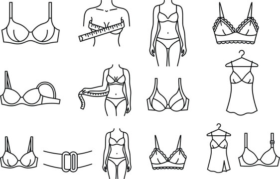 Women lingerie and bra sizing line art icon set featuring underwear measuring tape slip dress and mannequins