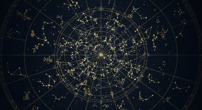 Celestial Map With Star Constellations In Golden Lines