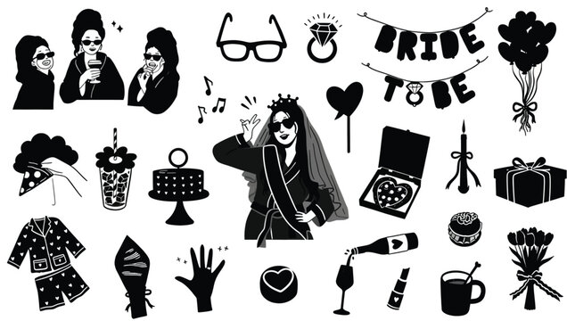 Black and white hand drawn bachelorette party set with bride items girls night accessories cake pizza drinks and decorations for wedding celebration design
