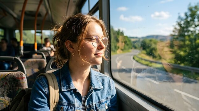 Young woman with glasses enjoying the scenic view from a bus window during a sunny day, highlighting travel and personal reflection