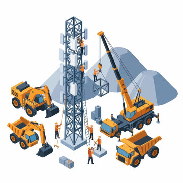 Construction site with telecom tower and heavy machinery.