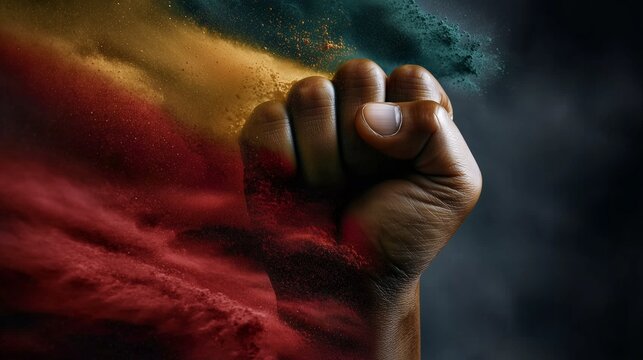 Raised fist in vibrant dust honoring freedom, equality, and unity on Nelson Mandela International Day