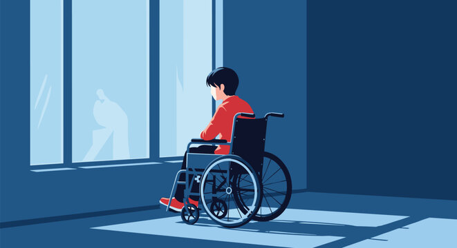 Lonely person sitting in a wheelchair looking out of a large window into a blue and desaturated room reflecting on their thoughts.