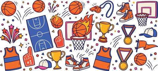 Colorful Basketball Doodle Clipart with Hoops and Sneakers © Babur