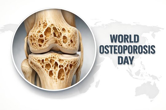 Osteoporosis day medical showing a close up of a porous knee joint inside a circle against a faint map background