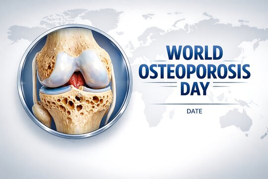 Osteoporosis day medical showing a magnified knee joint with porous bone tissue inside a circle against a global map background