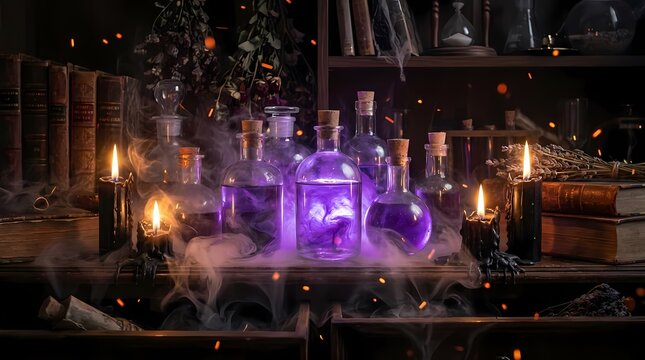 Magical potion bottles on alchemist table with candles.