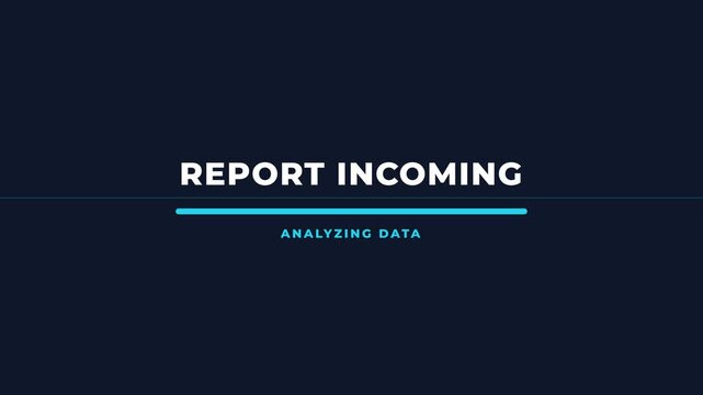 Dynamic data processing animation, featuring 'REPORT INCOMING' text with a glowing blue progress bar and 'ANALYZING DATA' message on a dark background, symbolizing business intelligence