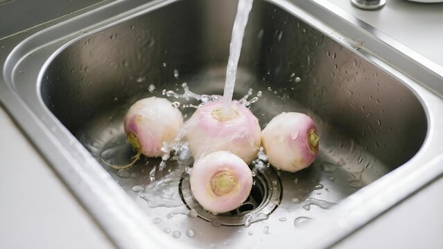 Fresh Turnips Being Washed Under Running Water in Kitchen Sink.