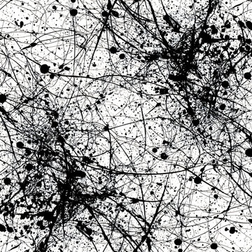Black ink splatters and chaotic scribbles on a clean white background with contrast abstract composition distressed