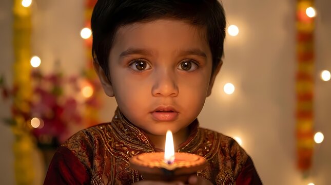 Indian child holding lit Diwali oil lamp.