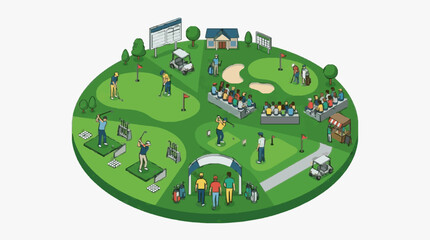 Fototapeta premium Modern Golf Course Showcasing Diverse Activities Players and Amenities on a Green Landscape with high quality professional line art symbols for modern creative design and digital branding projects