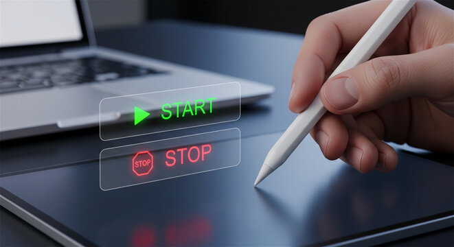 Digital stylus pen touching graphic tablet, futuristic start and stop virtual buttons, creative designer workspace with laptop