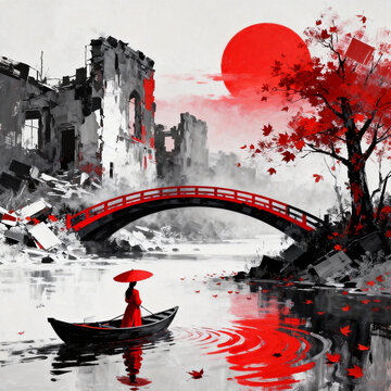 Chinese Ink Wash Oil Painting, Lady in Red Robe & Red Parasol Rowing Boat, Red Arch Bridge, Ruins, Red Maple Tree, Giant Red Sun on Monochrome Grey River Scene