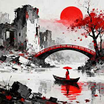 Chinese Ink Wash Oil Painting, Lady in Red Robe & Red Parasol Rowing Boat, Red Arch Bridge, Ruins, Red Maple Tree, Giant Red Sun on Monochrome Grey River Scene