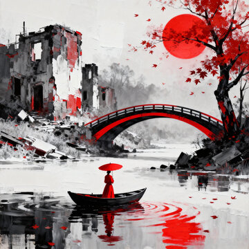 Chinese Ink Wash Oil Painting, Lady in Red Robe & Red Parasol Rowing Boat, Red Arch Bridge, Ruins, Red Maple Tree, Giant Red Sun on Monochrome Grey River Scene