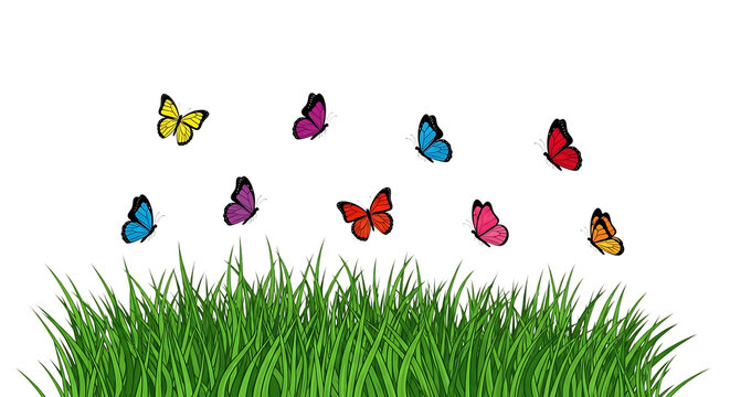 Group of colorful butterflies flying above a patch of green grass isolated on a transparent background, for spring and, nature themes, png. ai generated isolated on a transparent background
