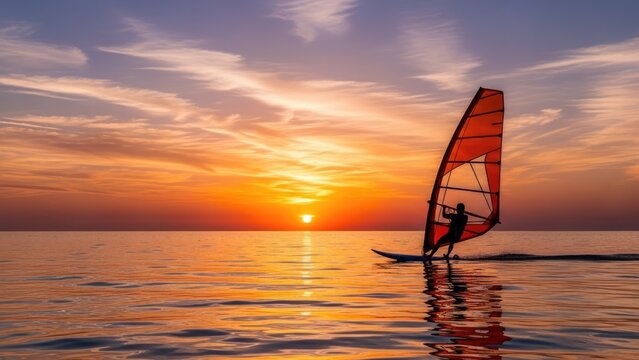 Windsurfer silhouetted against a golden ocean sunset.