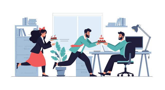 Group of cheerful office colleagues running with cakes to surprise a co-worker for a birthday celebration at work.