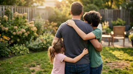 Fototapeta premium Children hugging father from behind in backyard, faceless rear view, warm golden afternoon light, candid family lifestyle moment
