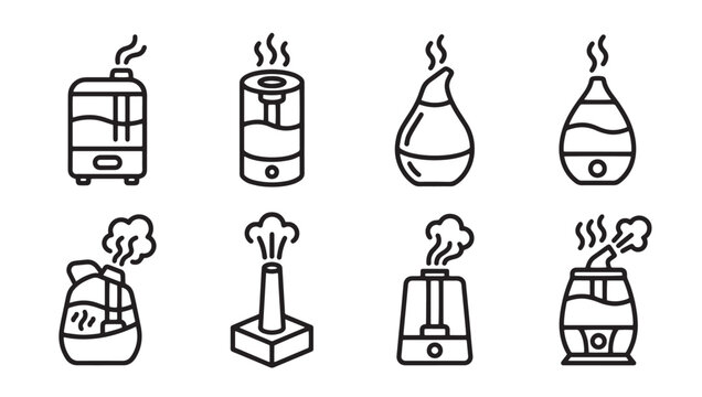 Indoor air humidifier and aroma diffuser icons set with humidifier diffuser purifier appliance electrical technology humidity wellness electric freshener collection illustration household