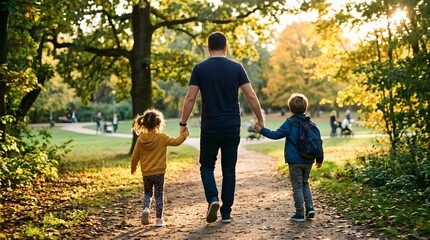 Fototapeta premium Rear view of father being playfully pulled by two young children in park, faceless candid moment, warm golden light, joyful lifestyle photography stock