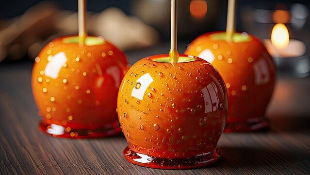 Glossy red candy apples with caramel coating on wooden table.