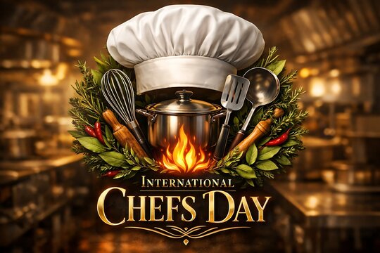 International chefs day celebration with a white chef hat, cooking pot, whisk, spatula, and ladle surrounded by herbs and flames on a kitchen