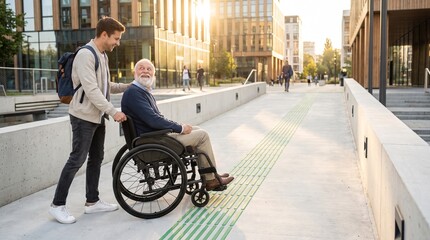 Obraz premium Young Man Assisting Senior Person in Wheelchair Outdoors