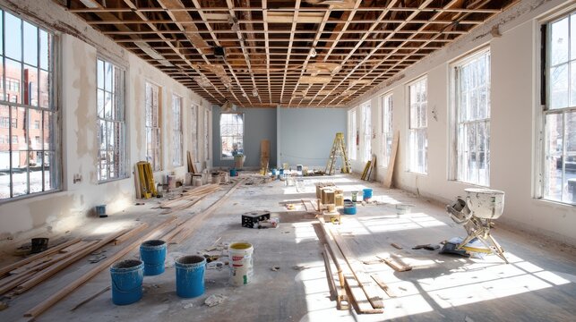 An interior renovation site with exposed beams and natural light. Ideal for construction or design projects.