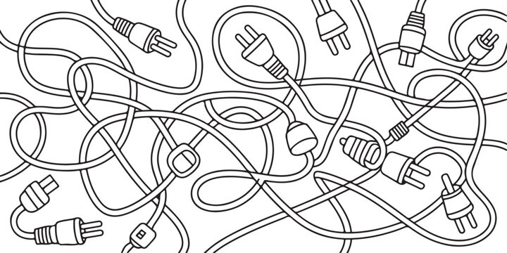 Chaotic tangle of electrical cords and plugs in a disorganized mess, representing confusion or connection problems.