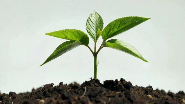 Small green plant sprout growing in dark soil with white background