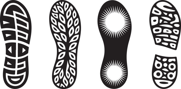 Set of black footprint silhouettes isolated on transparent background showing different boot sole patterns and texture stamps.