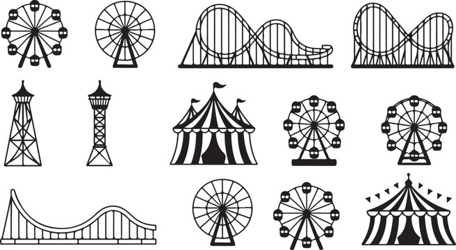 Set of fairground attractions with various ferris wheels, roller coasters, circus tents, and towers on transparent background.