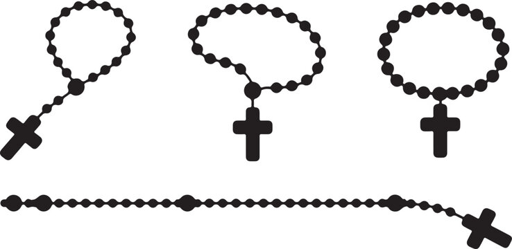 Religious rosary bead necklaces with crosses for prayer and devotion isolated on transparent background black shapes icons set.