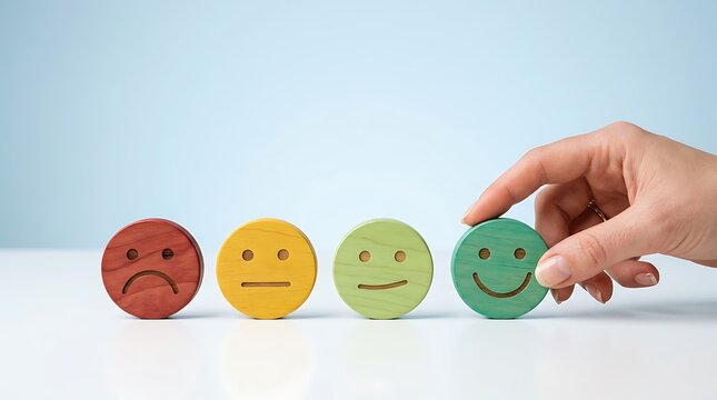 Hand selecting a green happy face wooden token from a row of emotional feedback icons on a desk for customer satisfaction survey