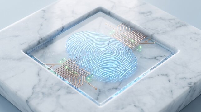Biometric fingerprint scanner on marble with glowing circuit board traces representing cyber security and identity verification.