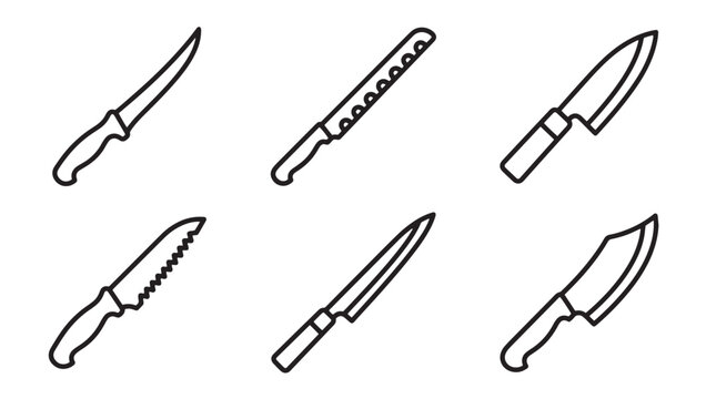 Set of kitchen chef knives line art icons with culinary serrated preparation restaurant equipment collection monochrome pictogram minimalist metallic domestic
