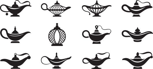 Collection of twelve black silhouette ancient magic oil lamps isolated on transparent background for mysterious fantasy story mood. © Kamrun82