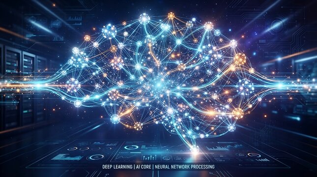 Neural network visualization sparks deep learning insights in futuristic tech lab environment with glowing nodes and connections